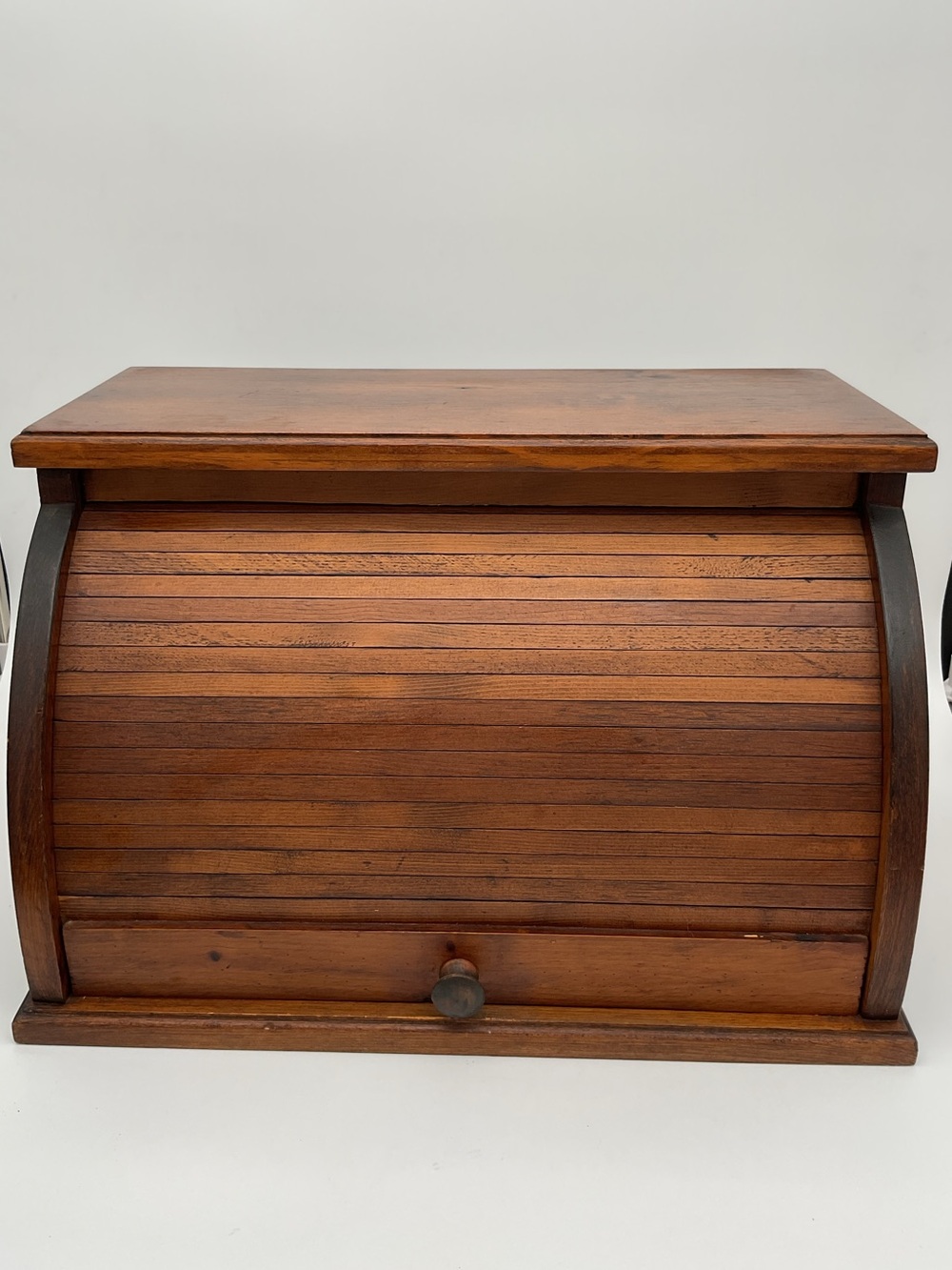 Vintage Wood Roll-Top Bread Box in Warm Brown